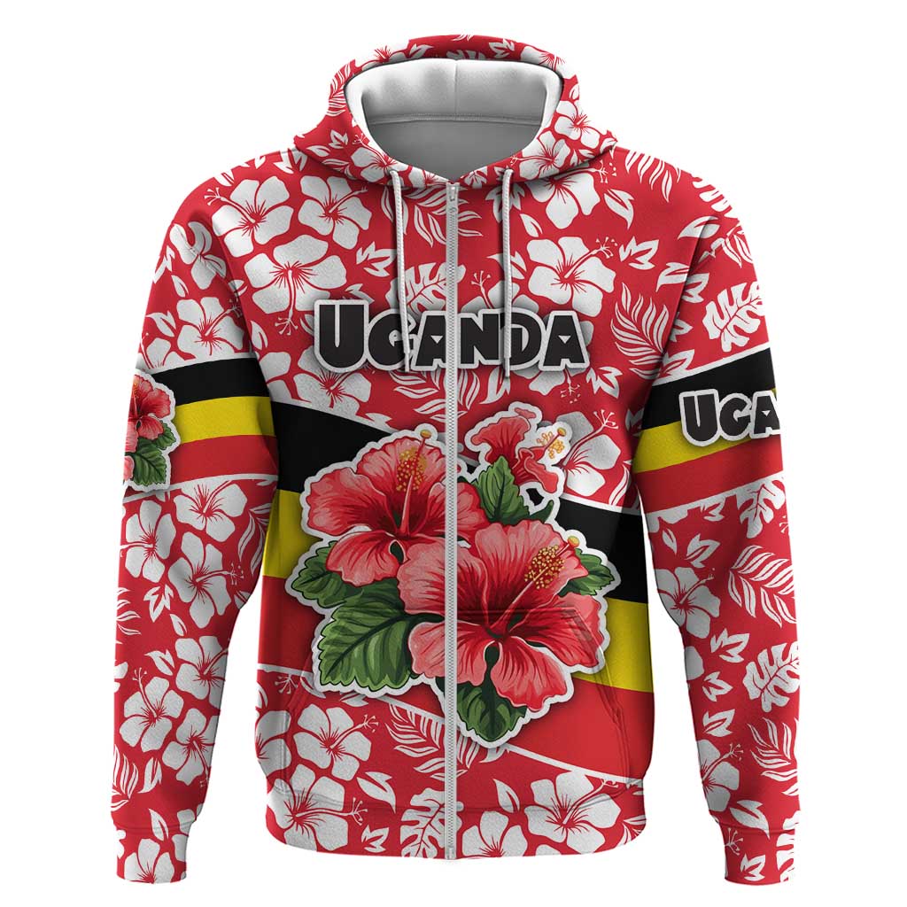 Uganda Zip Hoodie with Red Hibiscus Flowers and National Flag Design