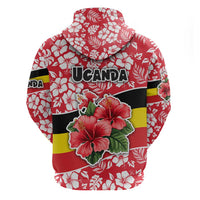Uganda Zip Hoodie with Red Hibiscus Flowers and National Flag Design