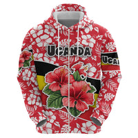 Uganda Zip Hoodie with Red Hibiscus Flowers and National Flag Design