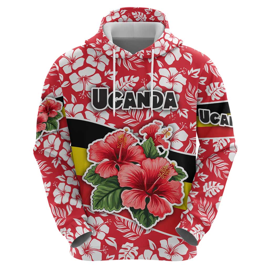 Uganda Zip Hoodie with Red Hibiscus Flowers and National Flag Design