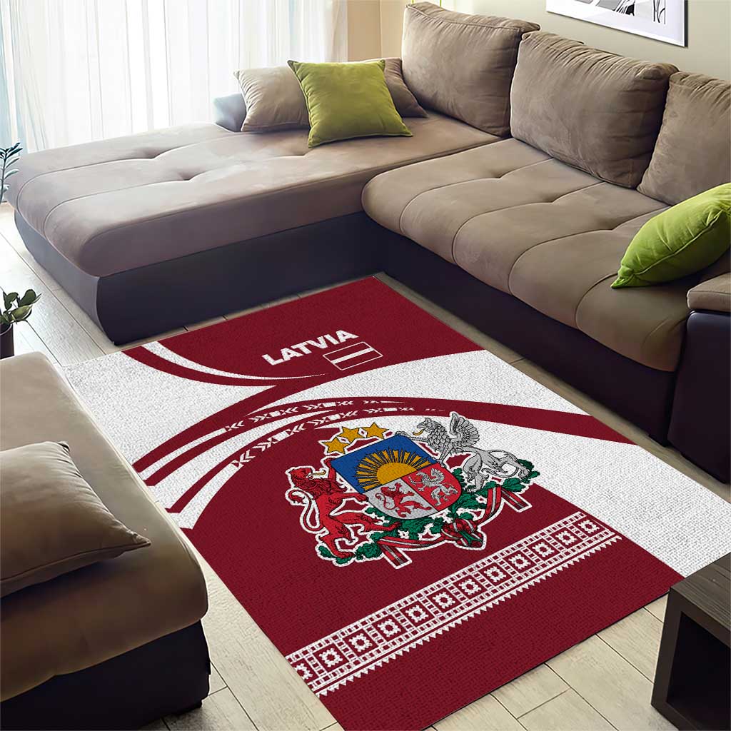 Latvia Area Rug with National Coat of Arms and Traditional Folk Patterns