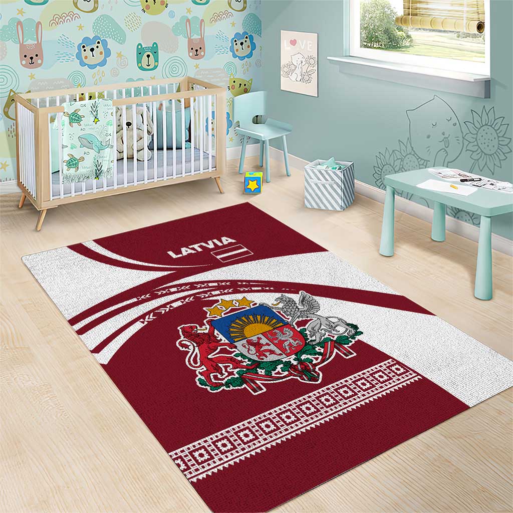 Latvia Area Rug with National Coat of Arms and Traditional Folk Patterns