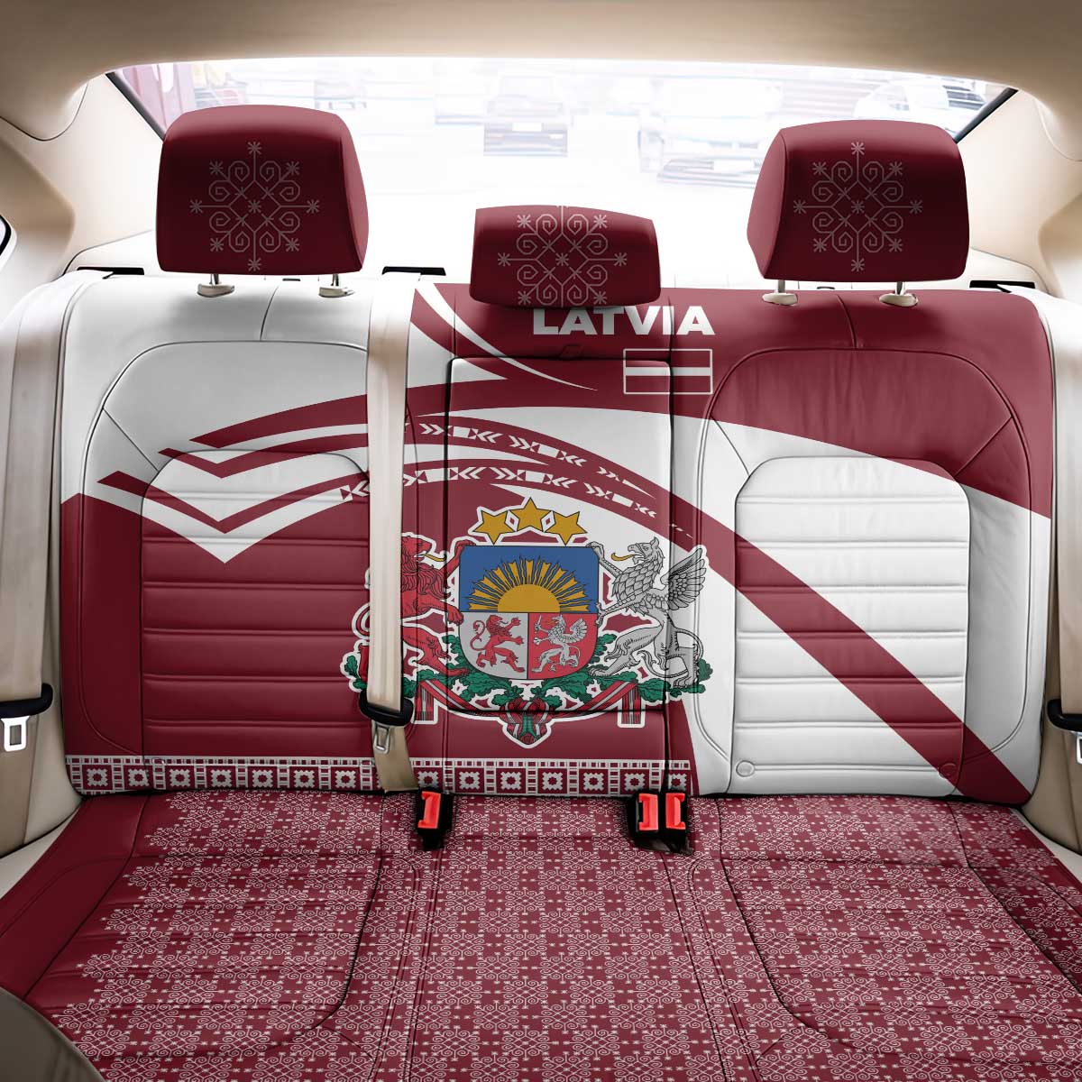Latvia Back Car Seat Cover with National Coat of Arms and Traditional Folk Patterns