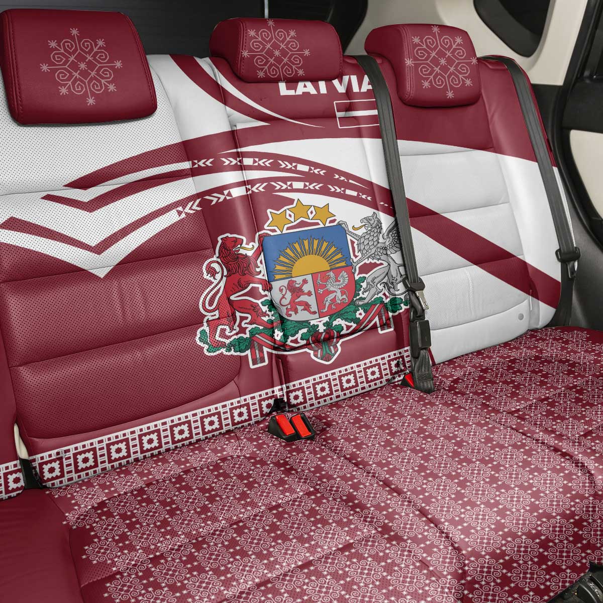Latvia Back Car Seat Cover with National Coat of Arms and Traditional Folk Patterns