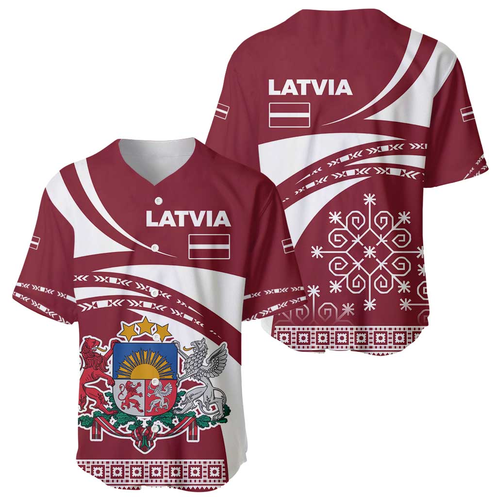 Latvia Baseball Jersey with National Coat of Arms and Traditional Folk Patterns