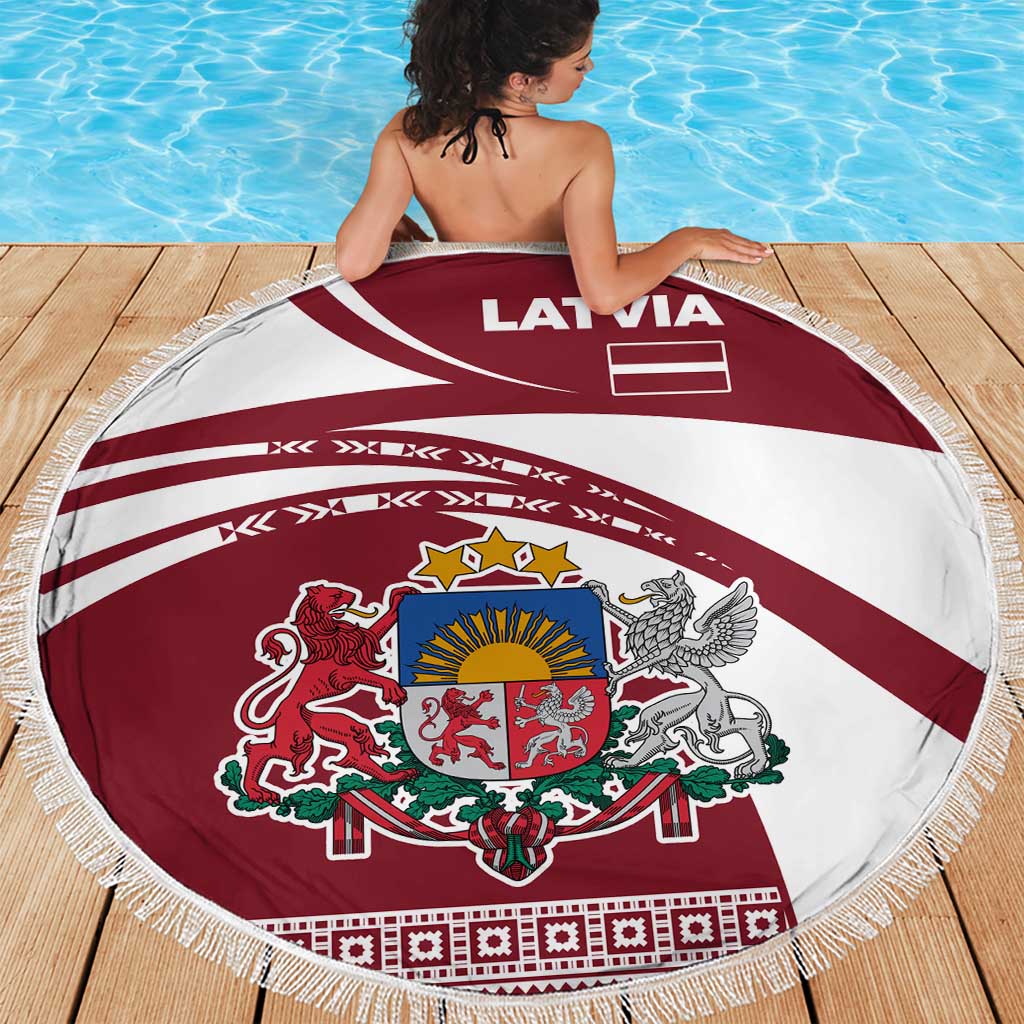 Latvia Beach Blanket with National Coat of Arms and Traditional Folk Patterns