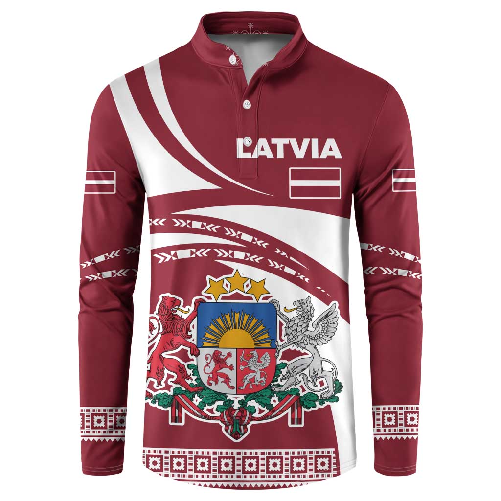 Latvia Button Sweatshirt with National Coat of Arms and Traditional Folk Patterns