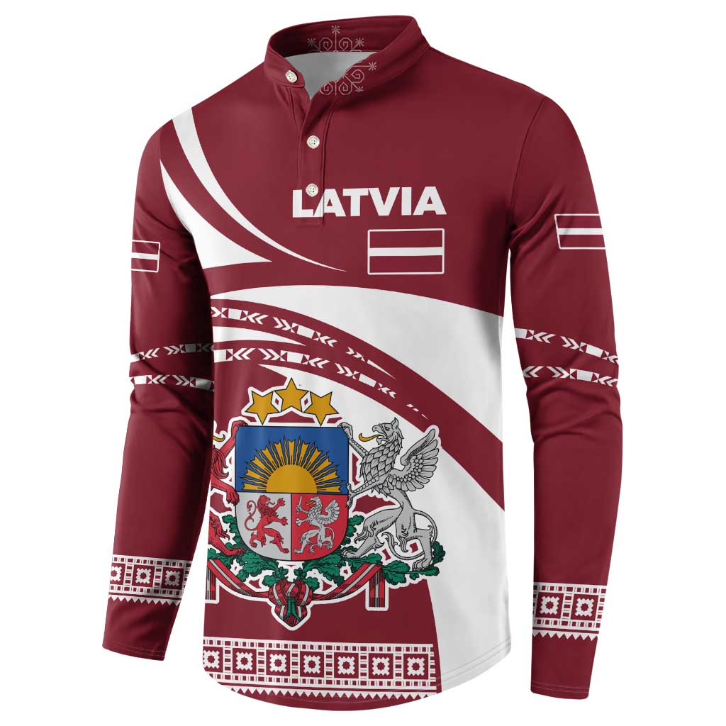Latvia Button Sweatshirt with National Coat of Arms and Traditional Folk Patterns
