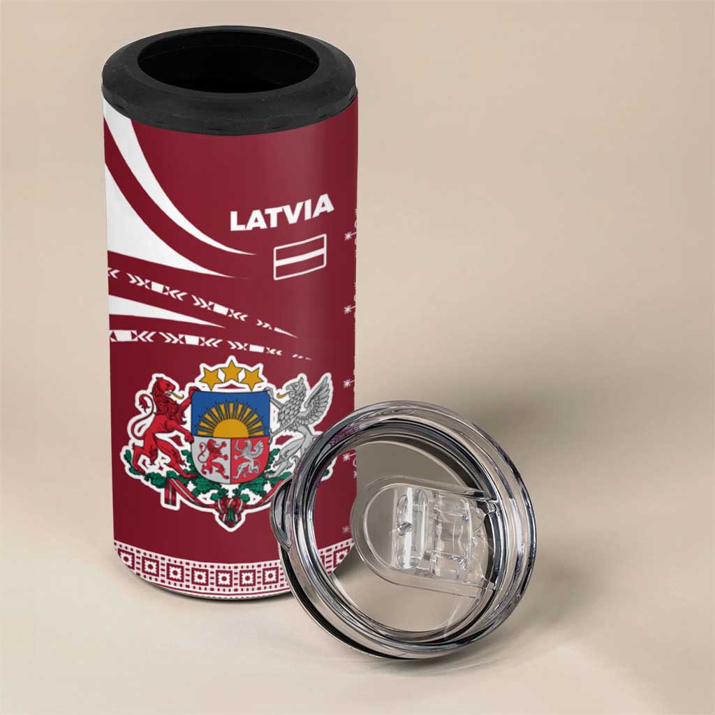Latvia 4 in 1 Can Cooler Tumbler with National Coat of Arms and Traditional Folk Patterns