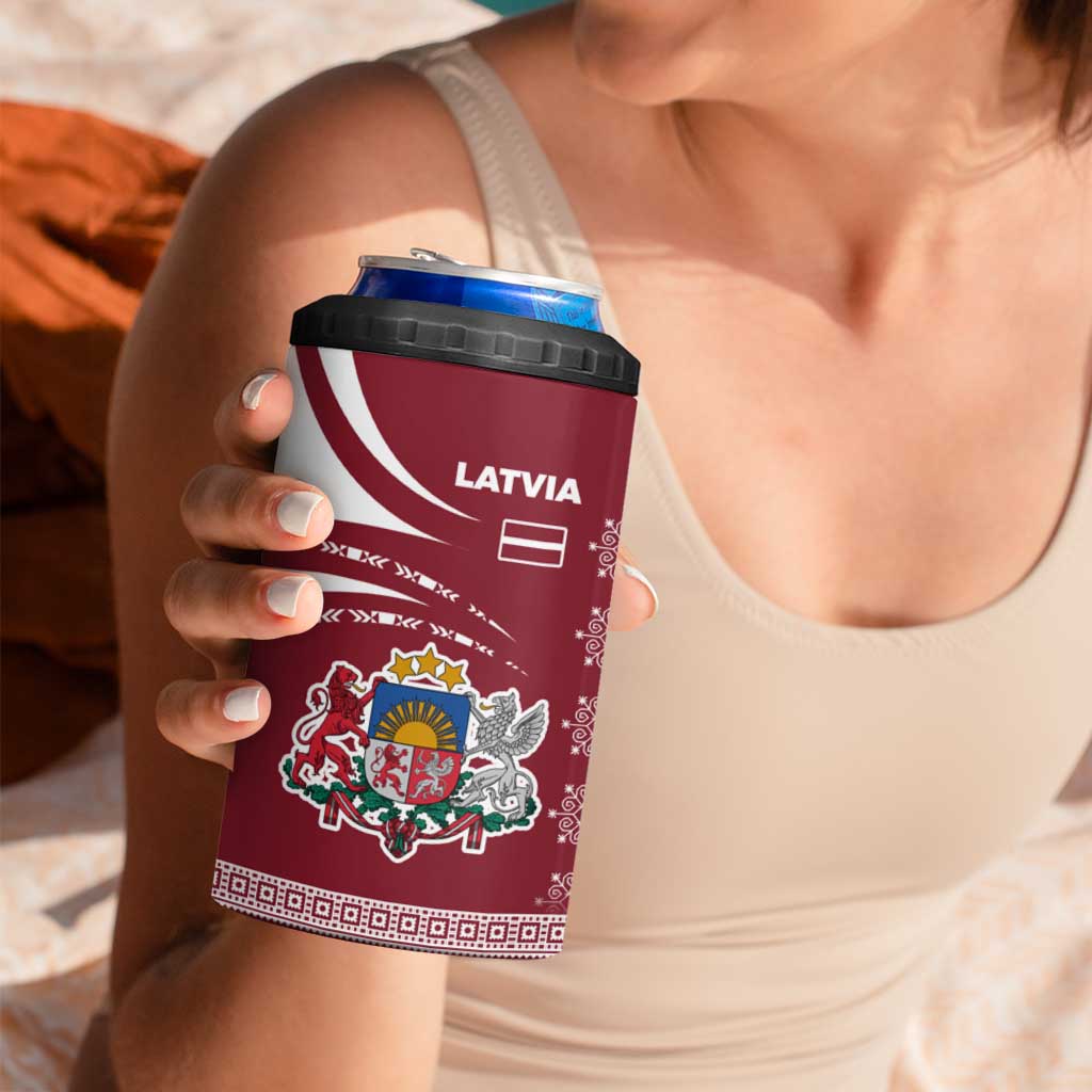 Latvia 4 in 1 Can Cooler Tumbler with National Coat of Arms and Traditional Folk Patterns