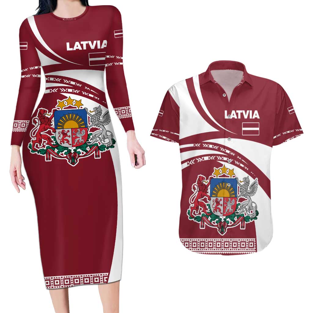 Latvia Couples Matching Long Sleeve Bodycon Dress and Hawaiian Shirt with National Coat of Arms and Traditional Folk Patterns