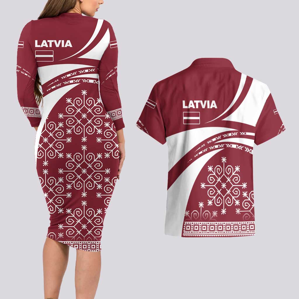 Latvia Couples Matching Long Sleeve Bodycon Dress and Hawaiian Shirt with National Coat of Arms and Traditional Folk Patterns