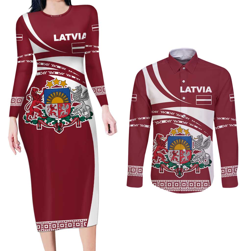 Latvia Couples Matching Long Sleeve Bodycon Dress and Long Sleeve Button Shirt with National Coat of Arms and Traditional Folk Patterns