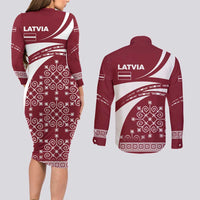 Latvia Couples Matching Long Sleeve Bodycon Dress and Long Sleeve Button Shirt with National Coat of Arms and Traditional Folk Patterns