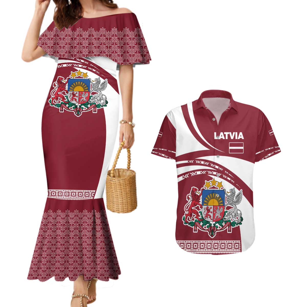 Latvia Couples Matching Mermaid Dress and Hawaiian Shirt with National Coat of Arms and Traditional Folk Patterns