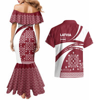 Latvia Couples Matching Mermaid Dress and Hawaiian Shirt with National Coat of Arms and Traditional Folk Patterns
