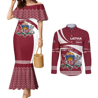 Latvia Couples Matching Mermaid Dress and Long Sleeve Button Shirt with National Coat of Arms and Traditional Folk Patterns