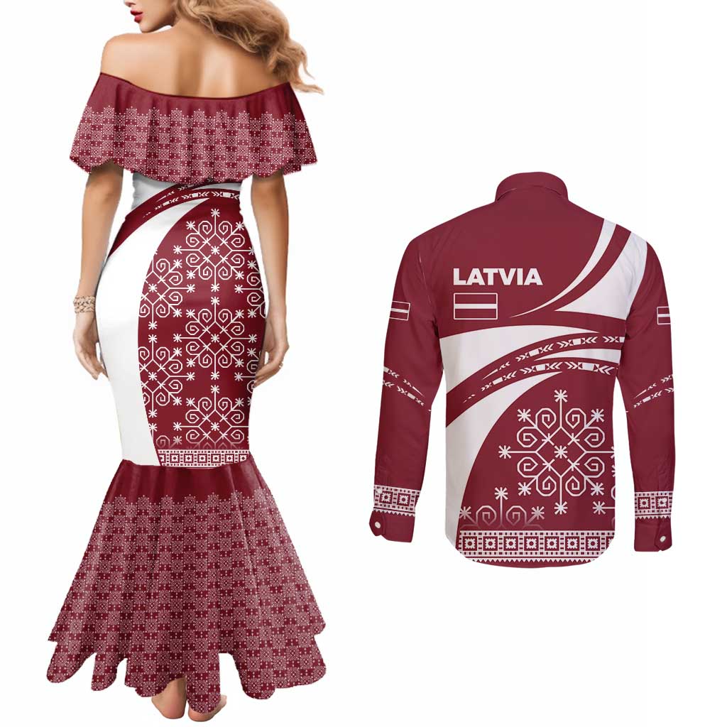Latvia Couples Matching Mermaid Dress and Long Sleeve Button Shirt with National Coat of Arms and Traditional Folk Patterns