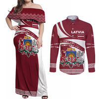 Latvia Couples Matching Off Shoulder Maxi Dress and Long Sleeve Button Shirt with National Coat of Arms and Traditional Folk Patterns