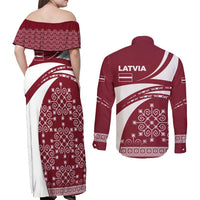 Latvia Couples Matching Off Shoulder Maxi Dress and Long Sleeve Button Shirt with National Coat of Arms and Traditional Folk Patterns