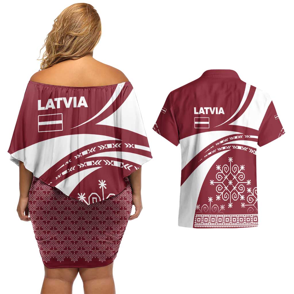 Latvia Couples Matching Off Shoulder Short Dress and Hawaiian Shirt with National Coat of Arms and Traditional Folk Patterns