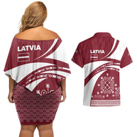 Latvia Couples Matching Off Shoulder Short Dress and Hawaiian Shirt with National Coat of Arms and Traditional Folk Patterns
