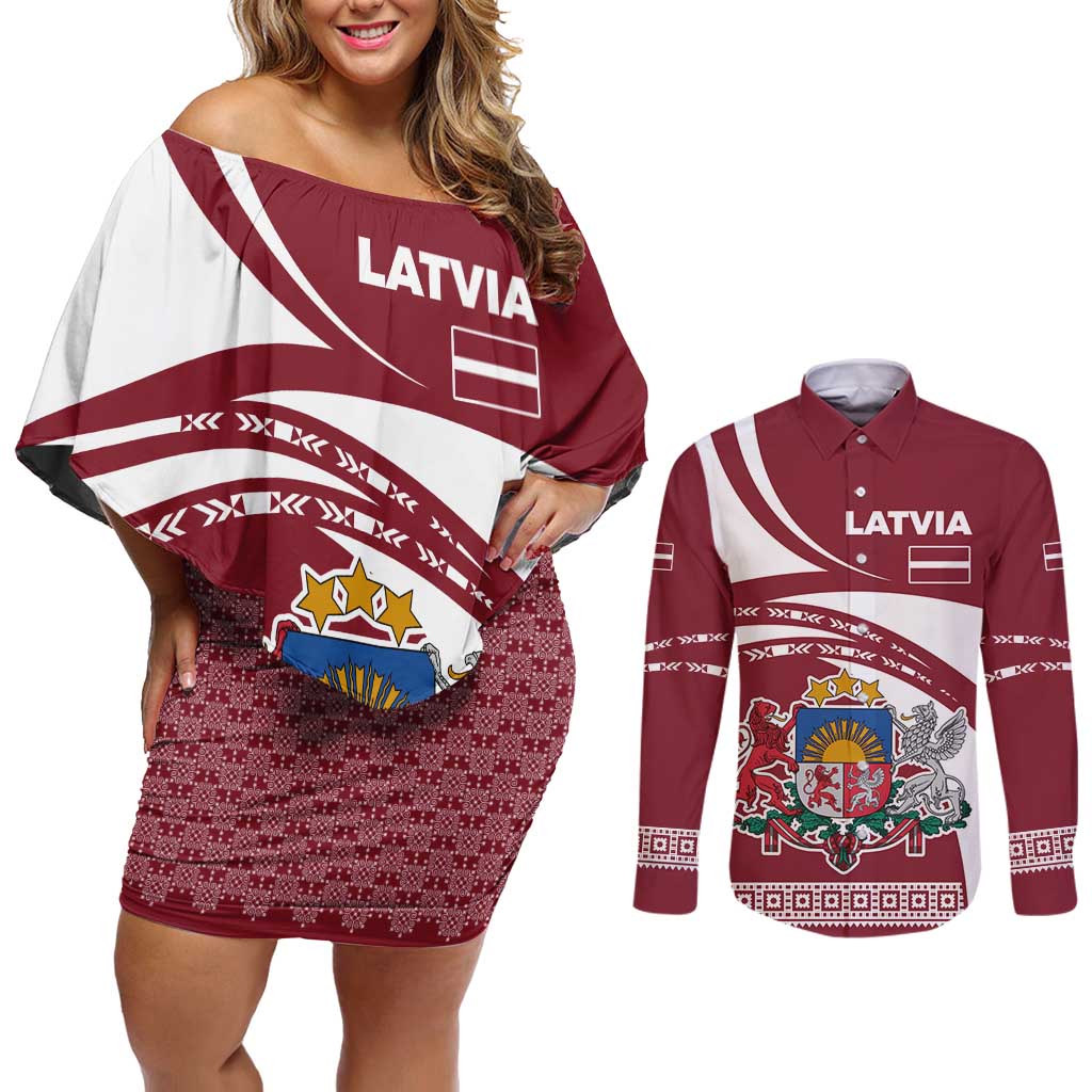 Latvia Couples Matching Off Shoulder Short Dress and Long Sleeve Button Shirt with National Coat of Arms and Traditional Folk Patterns