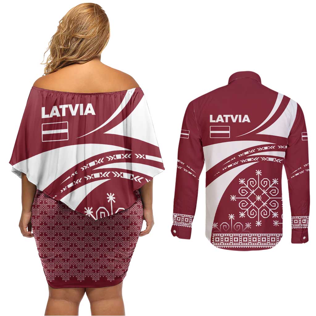 Latvia Couples Matching Off Shoulder Short Dress and Long Sleeve Button Shirt with National Coat of Arms and Traditional Folk Patterns