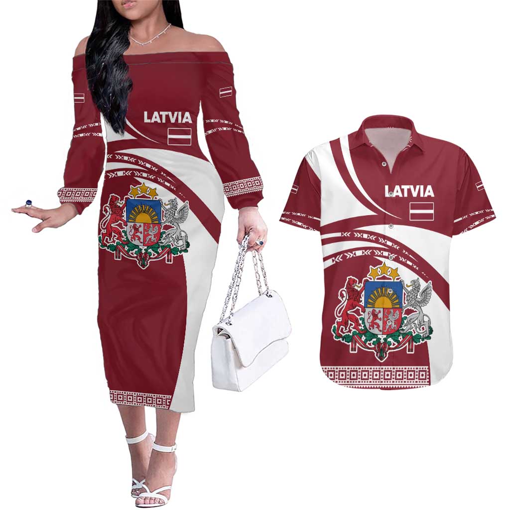 Latvia Couples Matching Off The Shoulder Long Sleeve Dress and Hawaiian Shirt with National Coat of Arms and Traditional Folk Patterns