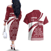 Latvia Couples Matching Off The Shoulder Long Sleeve Dress and Hawaiian Shirt with National Coat of Arms and Traditional Folk Patterns
