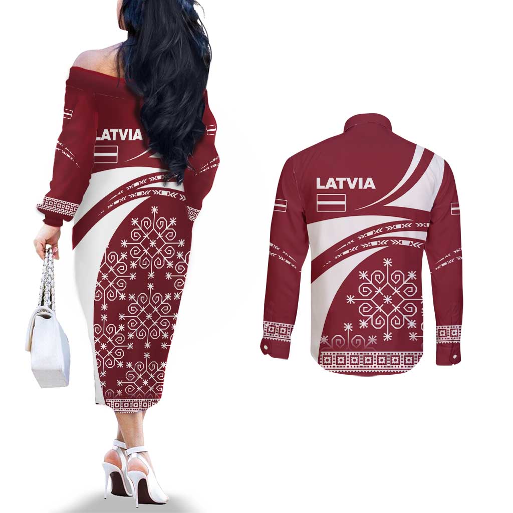 Latvia Couples Matching Off The Shoulder Long Sleeve Dress and Long Sleeve Button Shirt with National Coat of Arms and Traditional Folk Patterns