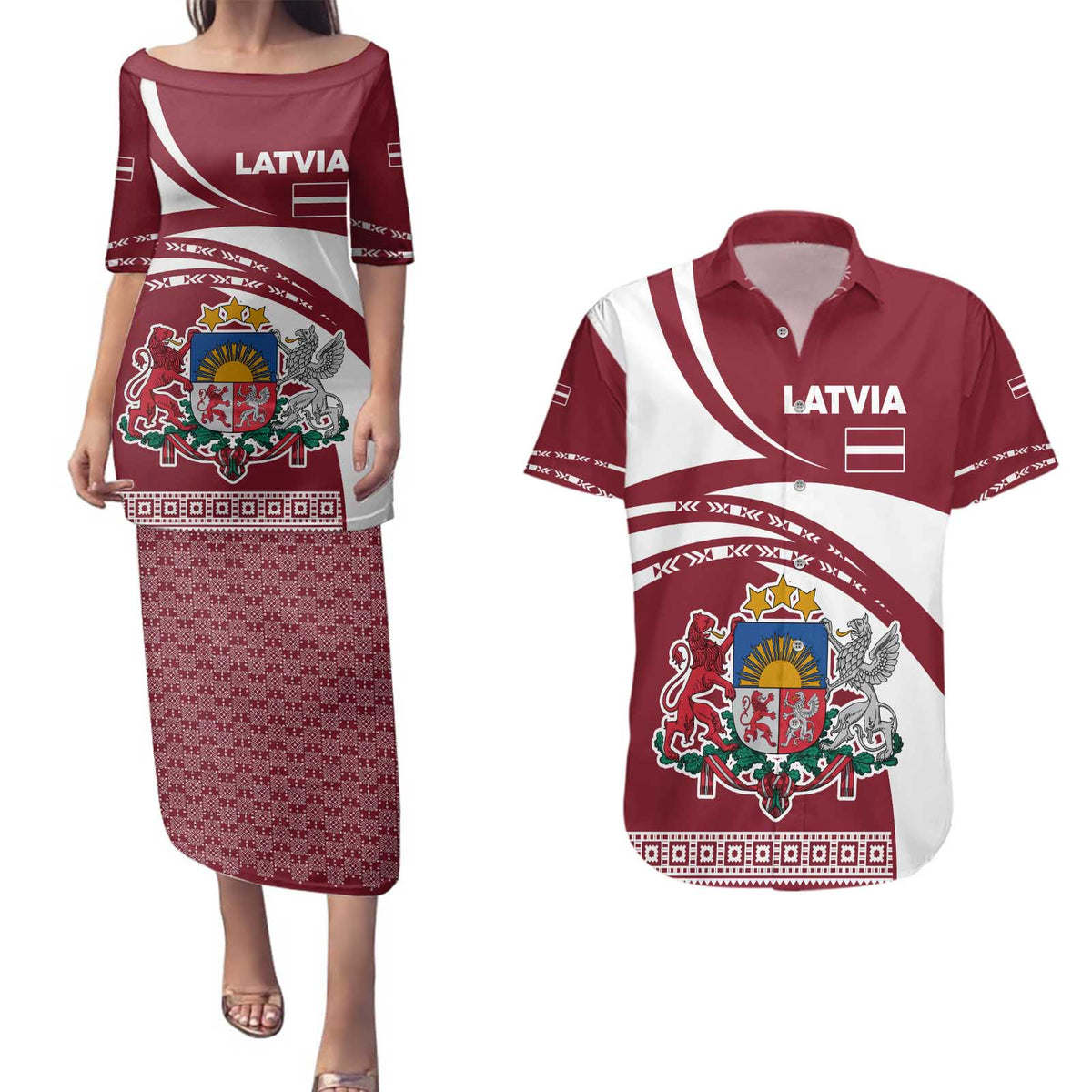 Latvia Couples Matching Puletasi and Hawaiian Shirt with National Coat of Arms and Traditional Folk Patterns