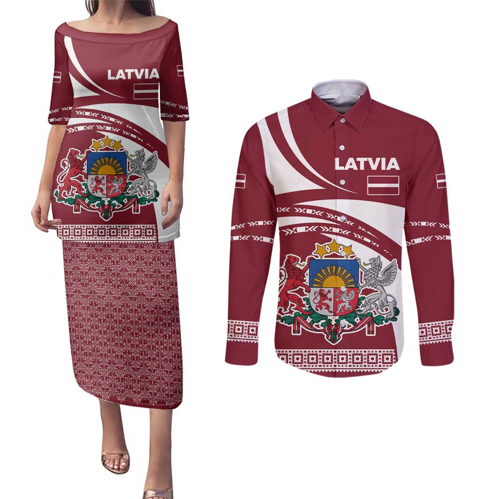 Latvia Couples Matching Puletasi and Long Sleeve Button Shirt with National Coat of Arms and Traditional Folk Patterns