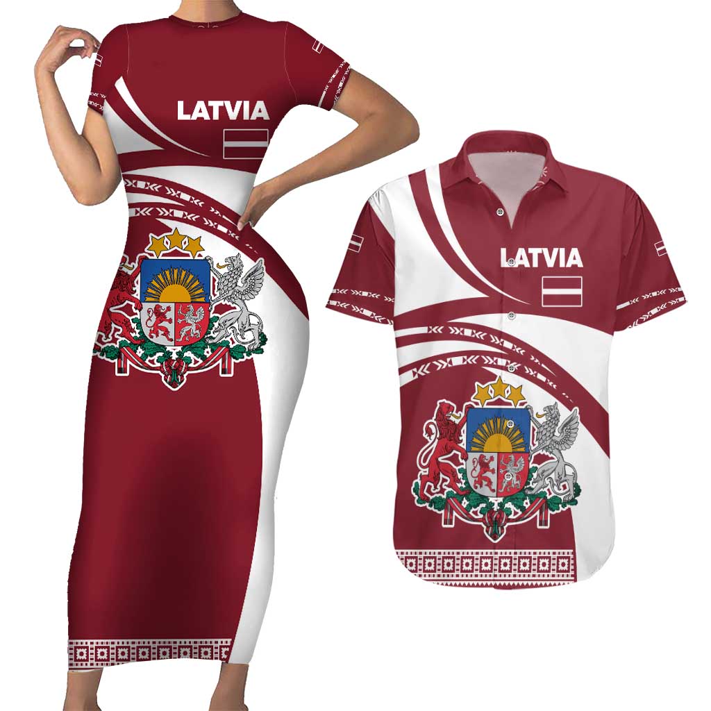 Latvia Couples Matching Short Sleeve Bodycon Dress and Hawaiian Shirt with National Coat of Arms and Traditional Folk Patterns