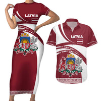 Latvia Couples Matching Short Sleeve Bodycon Dress and Hawaiian Shirt with National Coat of Arms and Traditional Folk Patterns