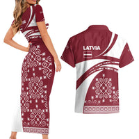Latvia Couples Matching Short Sleeve Bodycon Dress and Hawaiian Shirt with National Coat of Arms and Traditional Folk Patterns
