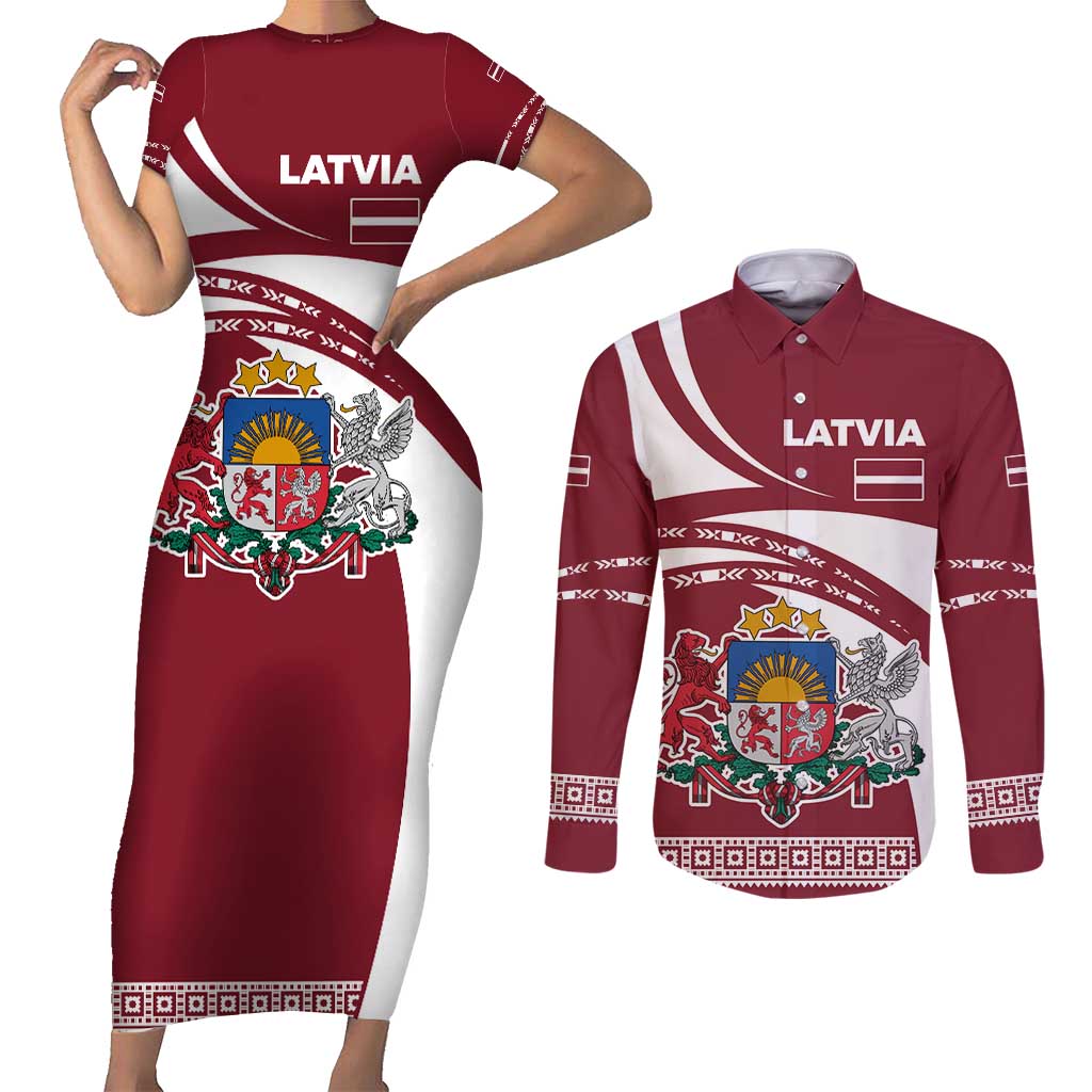 Latvia Couples Matching Short Sleeve Bodycon Dress and Long Sleeve Button Shirt with National Coat of Arms and Traditional Folk Patterns