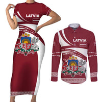 Latvia Couples Matching Short Sleeve Bodycon Dress and Long Sleeve Button Shirt with National Coat of Arms and Traditional Folk Patterns