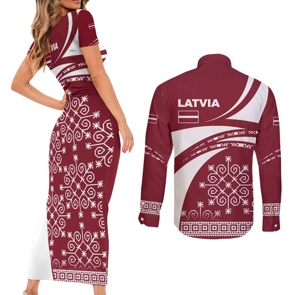 Latvia Couples Matching Short Sleeve Bodycon Dress and Long Sleeve Button Shirt with National Coat of Arms and Traditional Folk Patterns