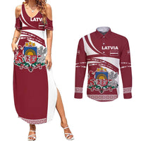 Latvia Couples Matching Summer Maxi Dress and Long Sleeve Button Shirt with National Coat of Arms and Traditional Folk Patterns