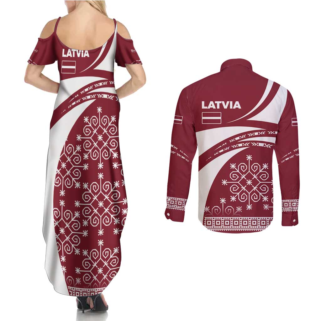 Latvia Couples Matching Summer Maxi Dress and Long Sleeve Button Shirt with National Coat of Arms and Traditional Folk Patterns