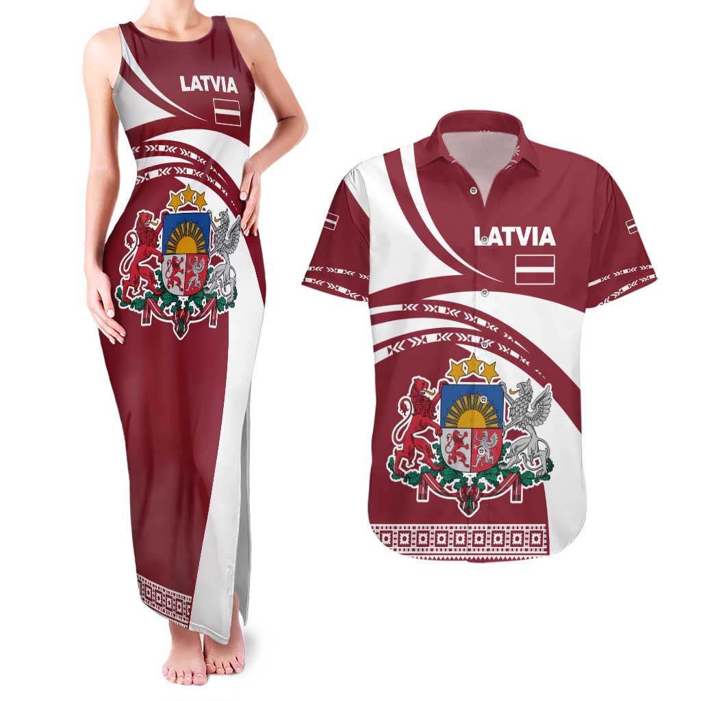 Latvia Couples Matching Tank Maxi Dress and Hawaiian Shirt with National Coat of Arms and Traditional Folk Patterns