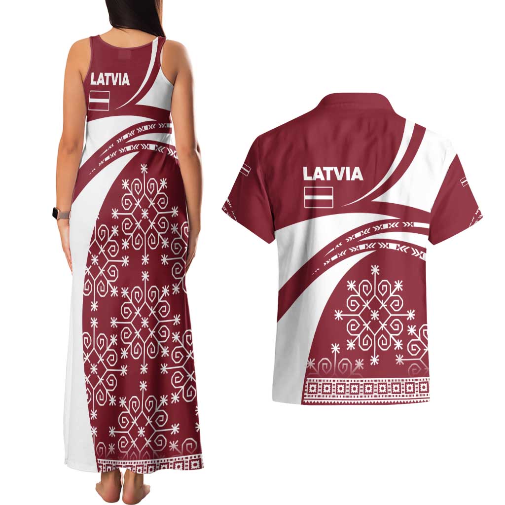 Latvia Couples Matching Tank Maxi Dress and Hawaiian Shirt with National Coat of Arms and Traditional Folk Patterns