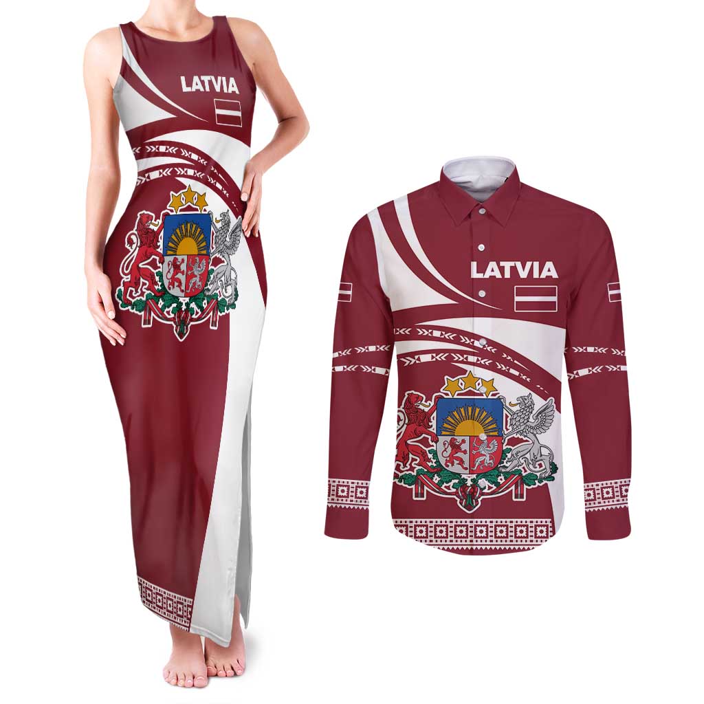Latvia Couples Matching Tank Maxi Dress and Long Sleeve Button Shirt with National Coat of Arms and Traditional Folk Patterns