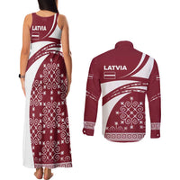 Latvia Couples Matching Tank Maxi Dress and Long Sleeve Button Shirt with National Coat of Arms and Traditional Folk Patterns