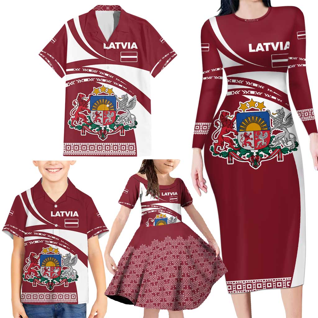 Latvia Family Matching Long Sleeve Bodycon Dress and Hawaiian Shirt with National Coat of Arms and Traditional Folk Patterns