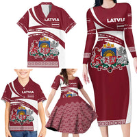 Latvia Family Matching Long Sleeve Bodycon Dress and Hawaiian Shirt with National Coat of Arms and Traditional Folk Patterns
