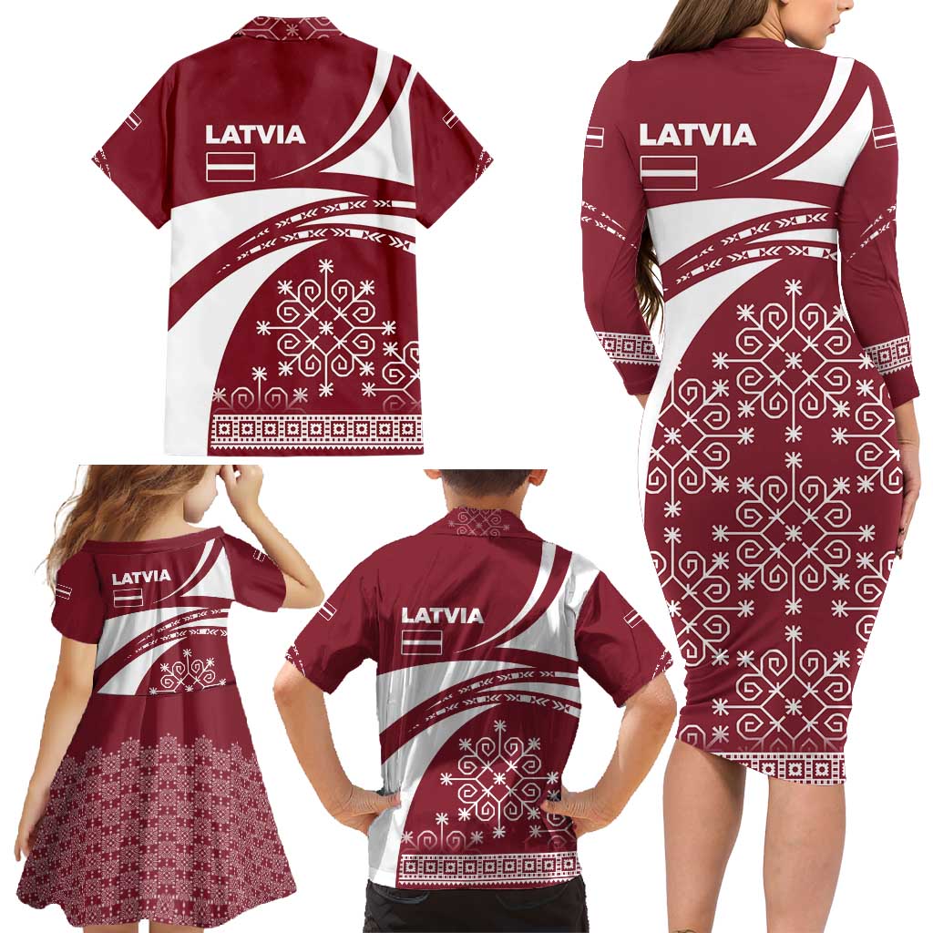 Latvia Family Matching Long Sleeve Bodycon Dress and Hawaiian Shirt with National Coat of Arms and Traditional Folk Patterns