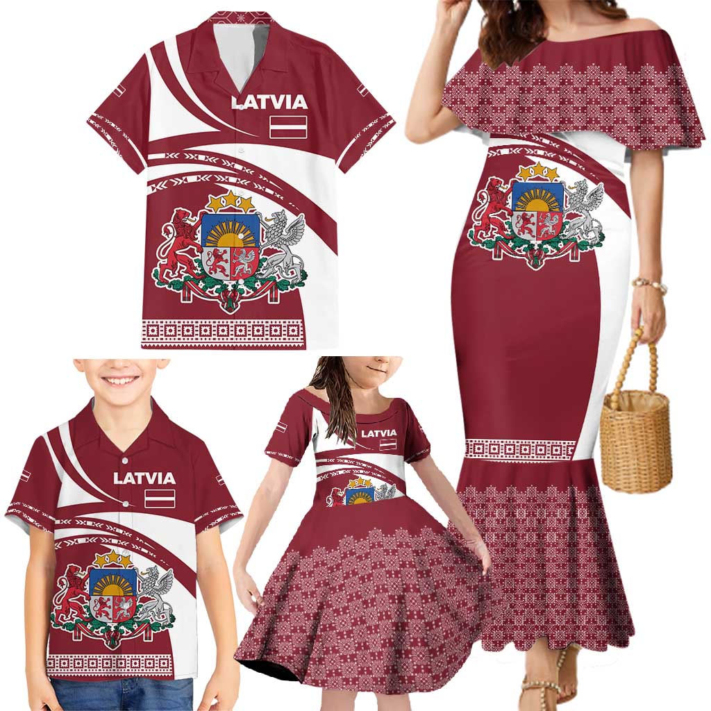 Latvia Family Matching Mermaid Dress and Hawaiian Shirt with National Coat of Arms and Traditional Folk Patterns