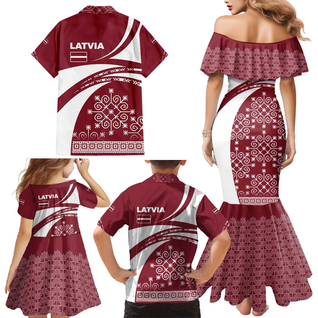 Latvia Family Matching Mermaid Dress and Hawaiian Shirt with National Coat of Arms and Traditional Folk Patterns